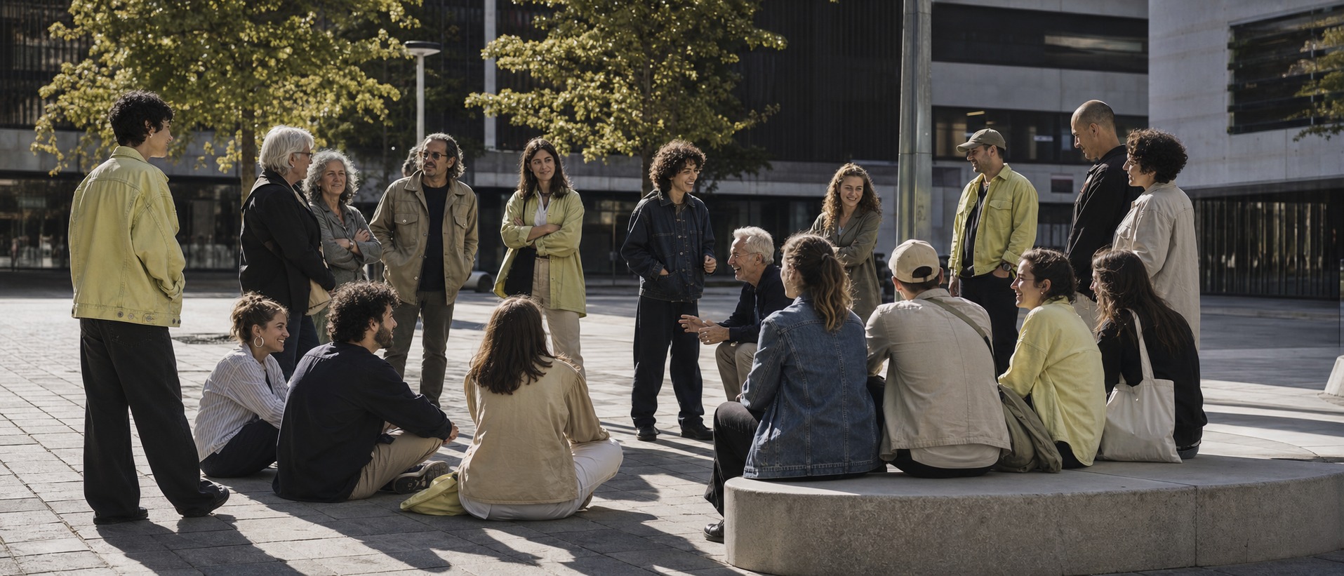 Grupo intergeneracional de jóvenes y personas mayores conversando en una plaza urbana